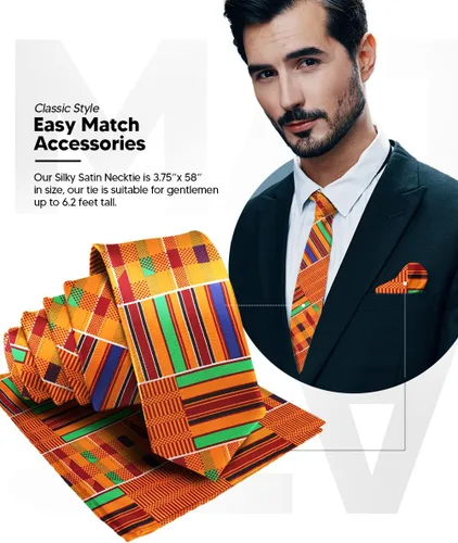Vista 44 de Juego de corbata Kente con estampado africano y animal y pañuelo de bolsillo a juego