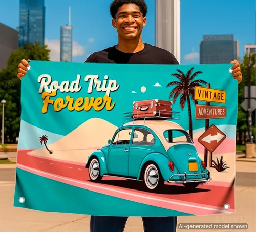 Vista 5 de Auto retro de 3 x 5 pies con cuatro ojales de latón – Cartel de viaje por carretera para decoración de pared – Bandera de carreras de poliéster