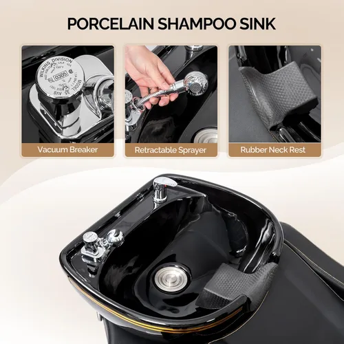 Vista 6 de OmySalon Unidad de lavado a contracorriente de champú con cuenco grande de porcelana, fregadero de salón, silla de lavado de cabello, estación