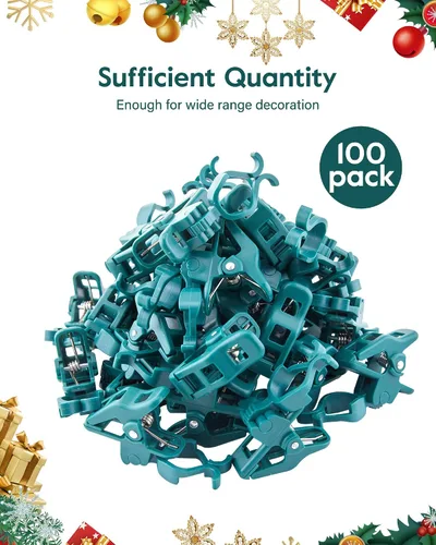 Vista 3 de Clips de resorte universales para luces de Navidad C7 C9, 100 clips de resorte rápidos para decoraciones de luces navideñas, clips para tejas y Verde