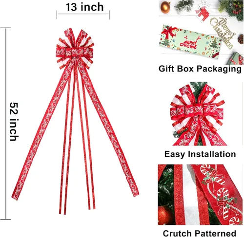 Vista 2 de Decoración para Árbol de Navidad, Lazo para Corona Navideña, 52 * 13 pulgadas, Adorno Grande con Patrón de Muletas para Decoración de Árbol