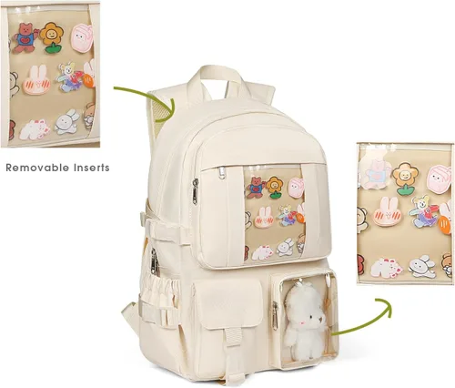 Vista 3 de Mochila Kawaii para niñas, bonita mochila estética para la escuela, mochila Kawaii con accesorios y colgante, Beige, Mochilas Tradicionales