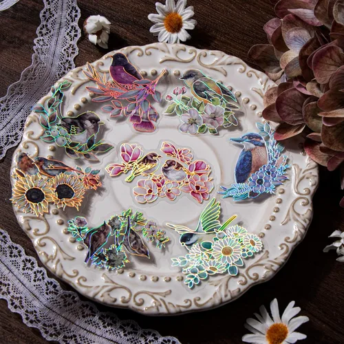 Vista 2 de LakoArt 120 calcomanías de pájaros y flores con borde holográfico plateado y fondo transparente, calcomanías de álbum de recortes de naturaleza