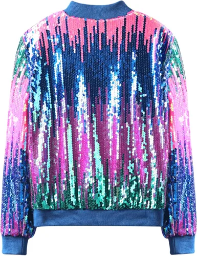 Vista 3 de WELAKEN Chaqueta bomber de lentejuelas ombré con bolsillos para niñas, ligera, brillante, manga larga, cremallera degradada, chaquetas para niños
