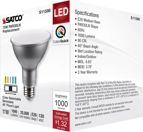 Vista 7 de Satco S11586; LED PAR30LN de 11 vatios; base media; acabado plateado; CCT seleccionable; 120 voltios; ángulo de haz de 40 grados