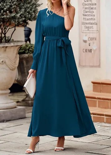 Vista 4 de KIRUNDO Vestido largo de satén de manga larga con un hombro para mujer, asimétrico, con lazo en la cintura, abertura en la cintura, para fiesta
