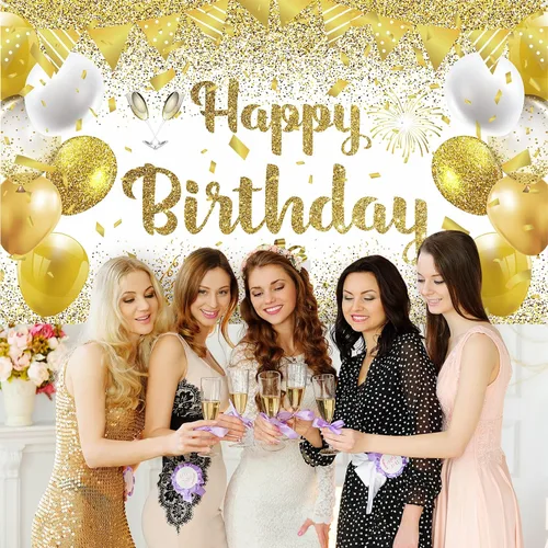 Vista 7 de Decoraciones de fiesta de feliz cumpleaños dorado y blanco, pancarta grande para mujeres, hombres y niñas, 70.8 x 43.3 pulgadas