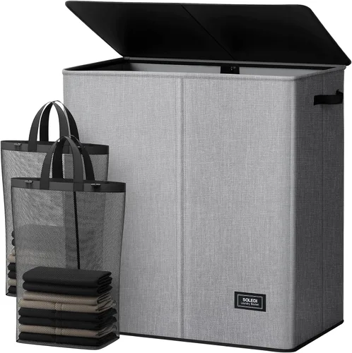 Vista 10 de SOLEDI Cesta de lavandería grande doble con tapa, cesta de ropa plegable de 2 secciones con bolsas extraíbles, cesta de lavandería que ahorra