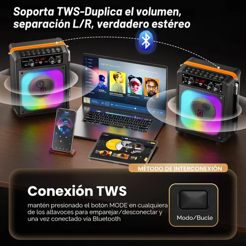 Vista 5 de HWWR Máquina de karaoke, altavoz Bluetooth portátil con 2 micrófonos inalámbricos para adultos y niños, máquina de cantar para fiestas y reuniones
