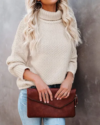 Vista 2 de ZESICA Suéter de punto sin botones manga larga para mujer, cuello alto, informal, estilo suelto