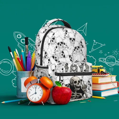 Vista 6 de VIPOIN Mochila para niños, esqueletos de calavera de rock and roll, mochila de Halloween para niños para viajes escolares y actividades al aire