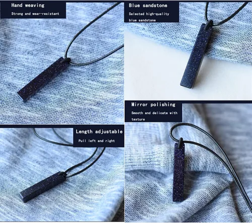 Vista 9 de Collar con colgante de cristal curativo de piedra arenisca azul, collar con colgante de cuarzo rectangular, barra cuboide vertical, collar de barra