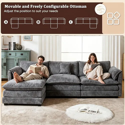 Vista 9 de GNIXUU Sofá seccional modular en forma de L de 112" tipo nube, sofás seccionales modernos de chenilla para sala de estar, cómodo sofá de 4 plazas