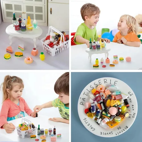 Vista 5 de 50 piezas de botellas en miniatura de comida y bebida, latas de refresco, accesorios de juego de cocina de simulación, juguetes de Hamburgo, pastel