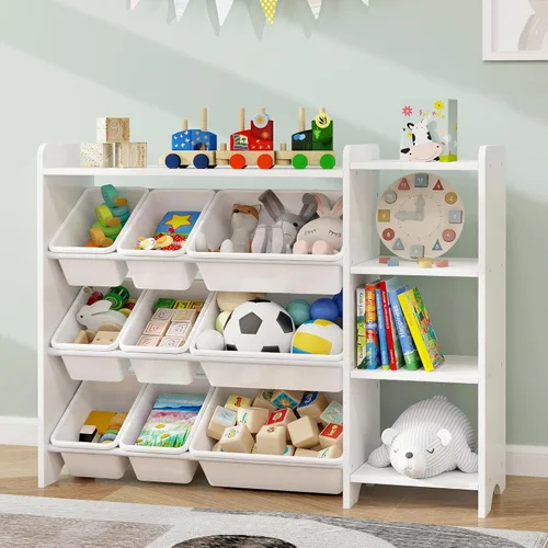 Vista 8 de MallBest Estante organizador de almacenamiento de juguetes para niños de 4 niveles, 100% madera maciza, armario de almacenamiento para niños con 9
