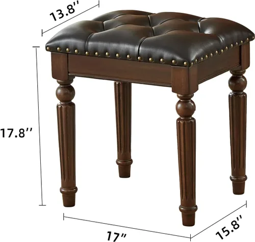 Vista 2 de Taburete de tocador con cojín de cuero de microfibra, silla de tocador otomana con patas de madera maciza para dormitorio, sala de maquillaje