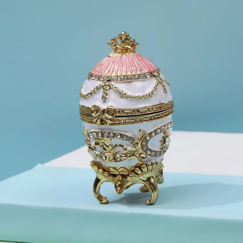 Vista 2 de SEVENBEES Caja única de joyería de huevo Faberge, organizador de joyas esmaltado con bisagras pintadas a mano, almacenamiento vintage con bisutería