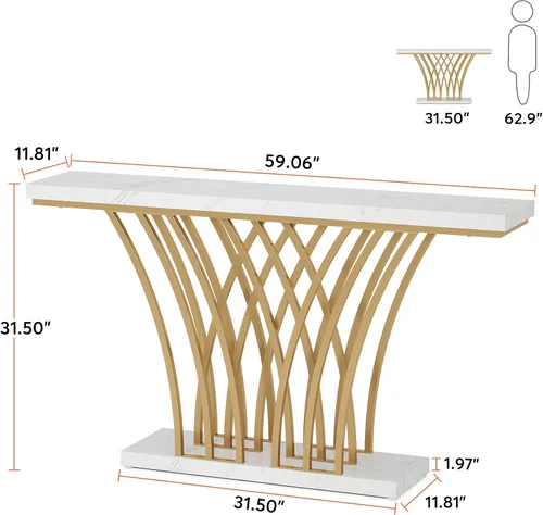 Vista 8 de Tribesigns - Mesa consola dorada de 59 pulgadas, mesa moderna de entrada con base de metal en forma de cuadrícula para entrada, pasillo, entrada