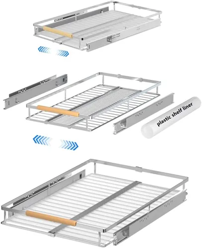 Vista 15 de Cajón de cesta deslizante expandible, organizador de gabinete extraíble, estantes de despensa deslizables resistentes para cocina, debajo