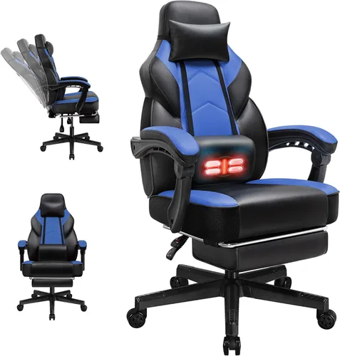 Vista 12 de Silla de juegos para adultos con reposapiés y soporte lumbar de masaje, silla ergonómica de respaldo alto, sillas giratorias ajustables