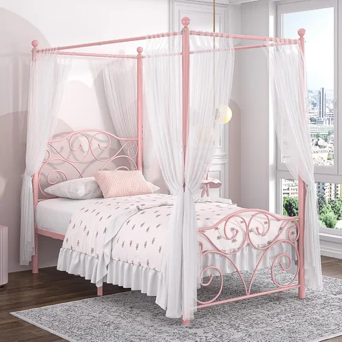Vista 14 de VECELO Base de cama con dosel de metal, tamaño individual, base de colchón con plataforma de 4 pósteres con cabecero, soporte de listones de acero