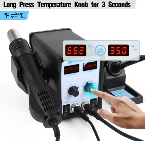 Vista 6 de FEITA 8586 SMD Estación de retrabajo de aire caliente 2 en 1 Soldador digital y pistola de aire térmico con 5 puntas de soldadura, 1 ventosa