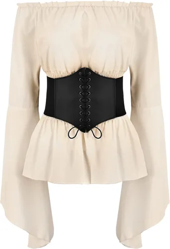 Vista 5 de Blusa renacentista para mujer, con cinturón de cintura, medieval, victoriano, hombros descubiertos, camisa de manga larga, disfraz de pirata, cosplay