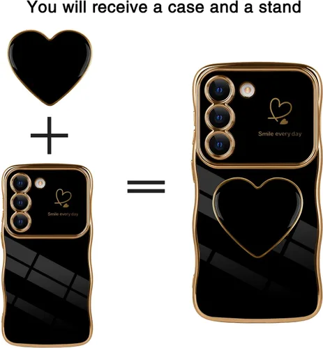 Vista 6 de Funda para Samsung Galaxy S22 Love-Heart Holder Case Cute Black Luxury Wave Frame forma rizada con corazón de amor, cubierta protectora de TPU suave