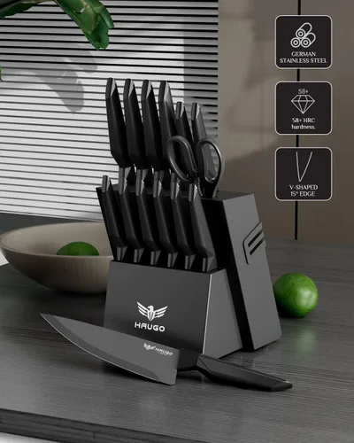 Vista 3 de Juego de cuchillos de cocina con bloque: 15 cuchillos profesionales de acero inoxidable de alto carbono, agarre cómodo que reduce la fatiga