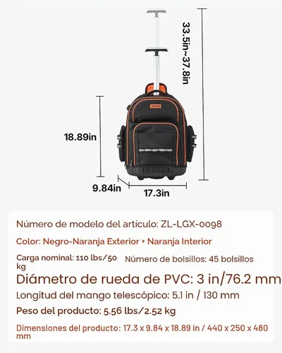 Vista 7 de VEVOR Mochila para herramientas rodantes, capacidad de carga de 110 libras, 45 bolsillos, bolsa de herramientas resistente sobre ruedas, mango