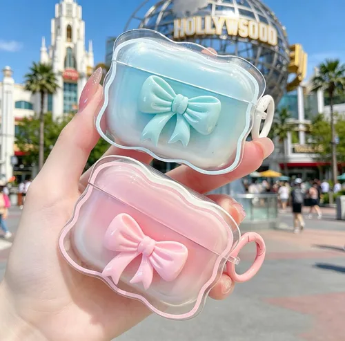 Vista 2 de Bonita funda transparente para AirPods Pro 2/1 Gen, diseño de lazo 3D femenino, funda protectora y a prueba de golpes de TPU suave Kawaii para Apple