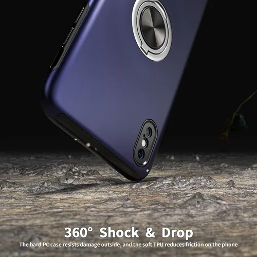 Vista 6 de Funda compatible con iPhone Xs Max con protector de pantalla de vidrio templado, funda híbrida 2 en 1, de ajuste delgado, con anillo magnético Azul