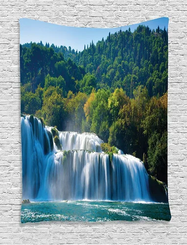 Vista 26 de Ambesonne Tapiz de paisaje, lago y pico glaciar nevado en Estados Unidos, ilustración de bosque de pinos altos, colgante de pared para dormitorio