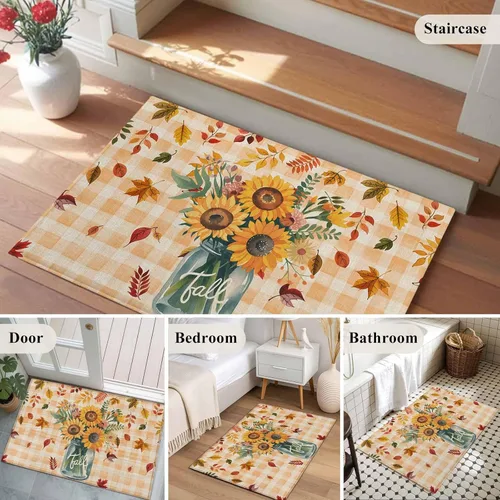 Vista 5 de Small Area Rugs 2x3 Ft, Sunflower Non-Slip Area Rugs for Living Room Bedroom Entryway, Orange Plaid Farmhouse Leaves Watercolor Retro Washable