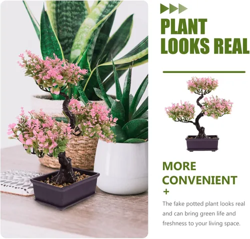 Vista 4 de Cabilock Árbol de bonsái artificial, decoración de bonsái artificial, modelo de planta verde artificial, planta en maceta para el hogar, mesa, Rosa