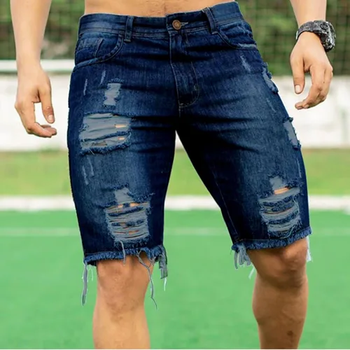 Vista 2 de Pantalones de mezclilla rasgados para hombre, elásticos, lavados, corte clásico, pantalones cortos de mezclilla casuales