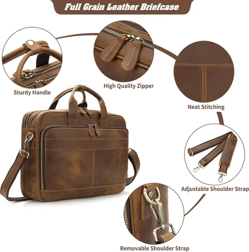 Vista 5 de Jack&Chris Full Grain Leather Briefcase for Men, Business Messenger Bag Laptop Bag Attache Case, Fits 15.6 Inch Laptop