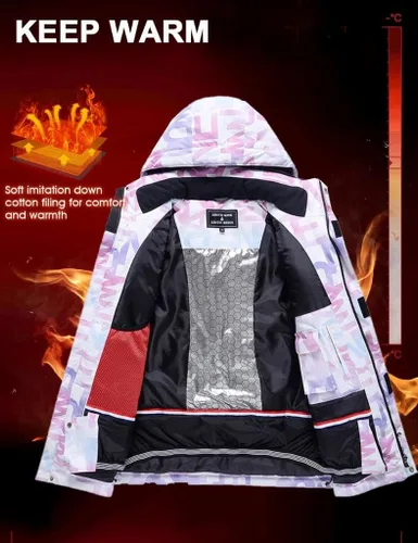 Vista 4 de Chaqueta y pantalones de esquí estampados coloridos de snowboard a prueba de viento para mujer de moda