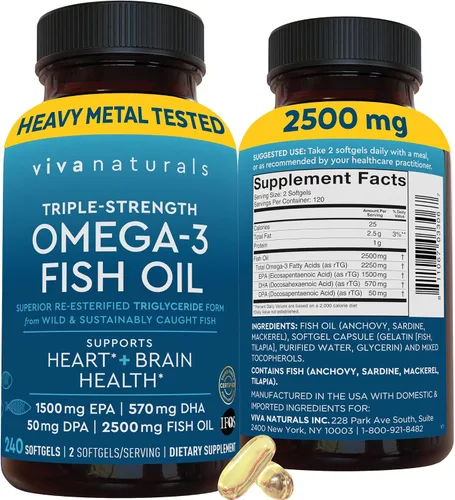 Vista 13 de Viva Naturals Aceite de Pescado Omega-3, Triple Fuerza, 2500 mg, 30 Cápsulas Blandas – Ácidos Grasos Omega 3 Re-Esterificados Incluyendo EPA, DHA