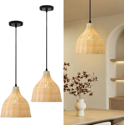 Vista 8 de 1 lámpara colgante de bambú tejida a mano, estilo bohemio, elegante, cordón ajustable, ratán de bambú, lámpara colgante de techo para comedor, bar