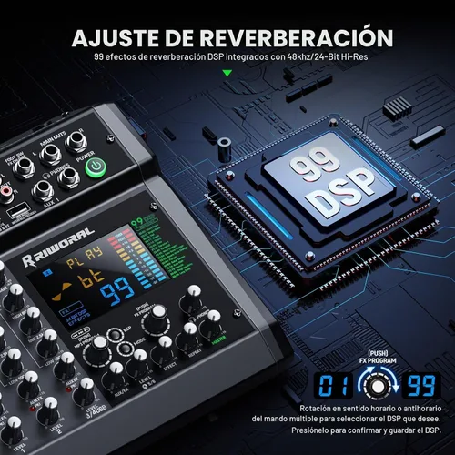 Vista 6 de Mezclador de interfaz de audio de 6 canales, tablero de sonido 99 DSP efectos digitales con interfaz Bluetooth USB Rac de 48 khz/24 bits como