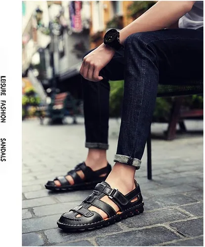Vista 5 de ZHNSHM Sandalias de cuero con punta cerrada para hombre, estilo casual, de verano, para pescador, zapatos de playa ajustables, Negro