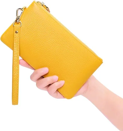 Vista 2 de Cartera de cuero delgada con bloqueo RFID para mujer, Amarillo Dorado