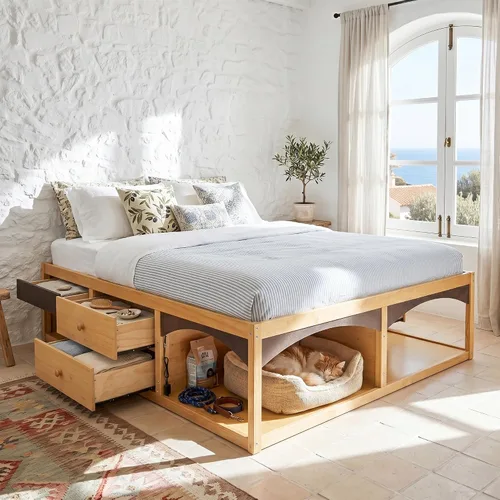 Vista 9 de Polibi Cama de plataforma King con 6 cajones, diseño apto para mascotas Gris (Antique Gray)