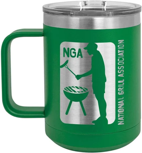 Vista 16 de National Grill Association Taza de café negra de 15 oz con tapa deslizante Taza de café de viaje aislada Idea de regalo para barbacoa y parrilla