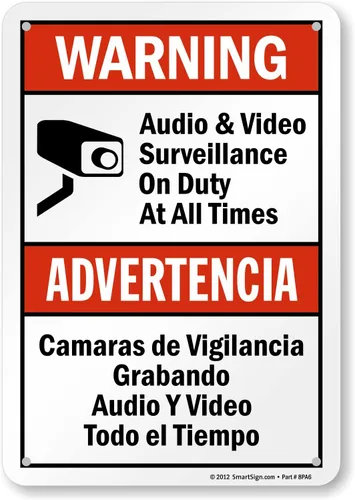 Vista 13 de SmartSign Paquete de 2 señales "Advertencia: Vigilancia de Audio y Video en Servicio en Todo Momento" Bilingüe - 7" x 10", Aluminio Metalizado