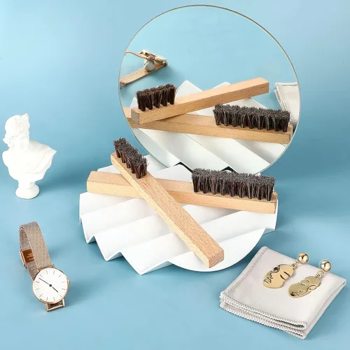 Vista 6 de Patelai Juego de 6 esmaltes de plata, 4 cepillos de pelo de caballo de limpieza de madera de plata con 2 piezas de tela pulida, kit de limpieza