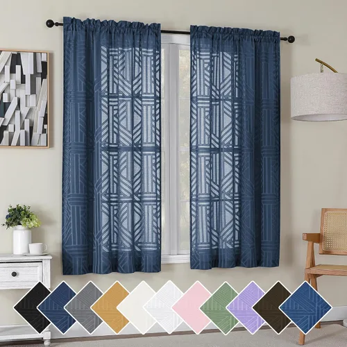 Vista 57 de Simplebrand Cortinas traslúcidas negras de cocina de 24 pulgadas de largo, 2 paneles, filtrado de luz, geométrico jacquard con textura, cortinas