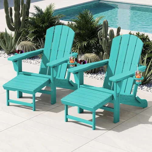 Vista 2 de KINGYES Silla Adirondack plegable ajustable con otomana y 2 portavasos, silla reclinable Adirondack HDPE con reposapiés, Aruba