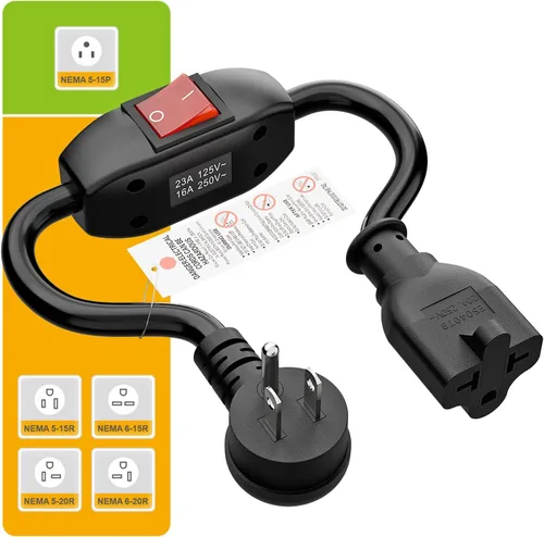 Vista 9 de Cable de extensión de interruptor de encendido/apagado 4 en uno en ángulo resistente 12-AWG 15A enchufe doméstico a 20 A T Blade Cable adaptador